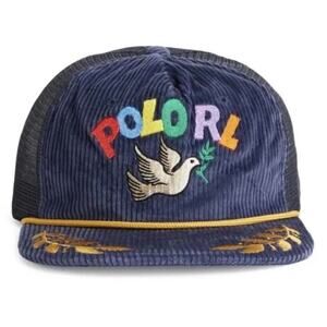 Rare Polo Ralph Lauren Peace Love Dove Corduroy Trucker Hat Navy NWT SnapBack